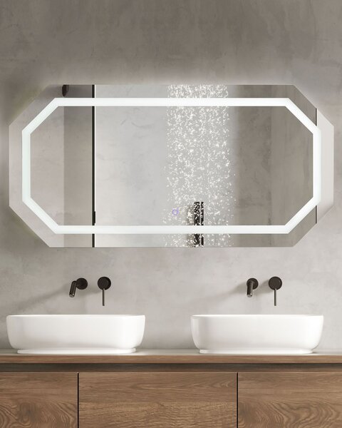 Nástenné zrkadlo strieborné 120 x 60 cm s LED osvetlením osemhranné moderná kúpeľňa spálňa