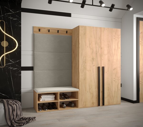 Predsieňový nábytok s čalúnenými panelmi HARRISON - dub zlatý, béžové panely