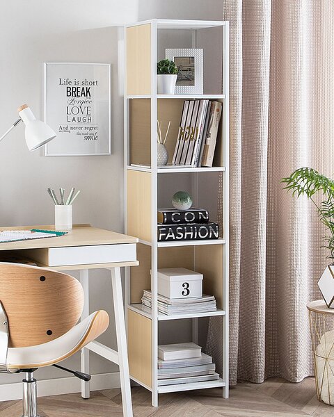 Knižnicový regál biela svetlé drevo 165 x 35 cm 5-policový regál moderný minimalistický štýl obývačka