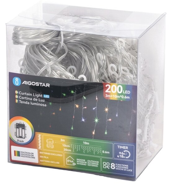 Aigostar - LED Vonkajšia vianočná reťaz 200xLED/8 funkcií 3xAA 13x06m IP44 viacfarebná
