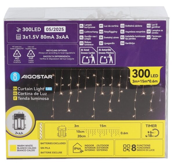 Aigostar - LED vonkajší vianočný reťazec 300xLED/8 funkcií 3xAA 18x06m IP44 teplá biela