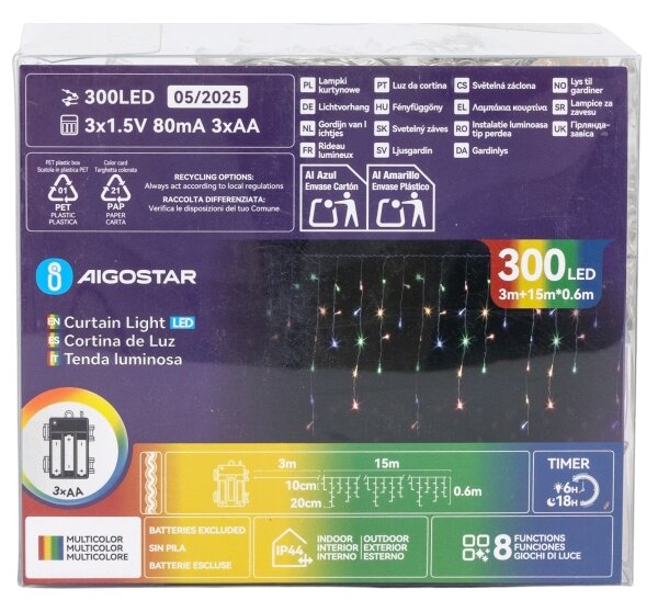 Aigostar - LED vonkajšia vianočná reťaz 300xLED/8 funkcií 3xAA 18x06m IP44 viacfarebná