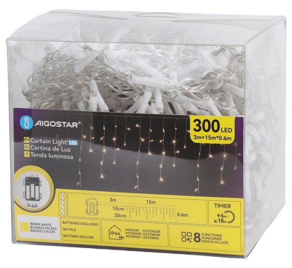 Aigostar - LED vonkajší vianočný reťazec 300xLED/8 funkcií 3xAA 18x06m IP44 teplá biela