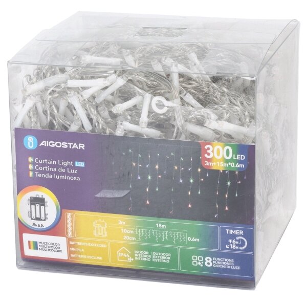 Aigostar - LED vonkajšia vianočná reťaz 300xLED/8 funkcií 3xAA 18x06m IP44 viacfarebná