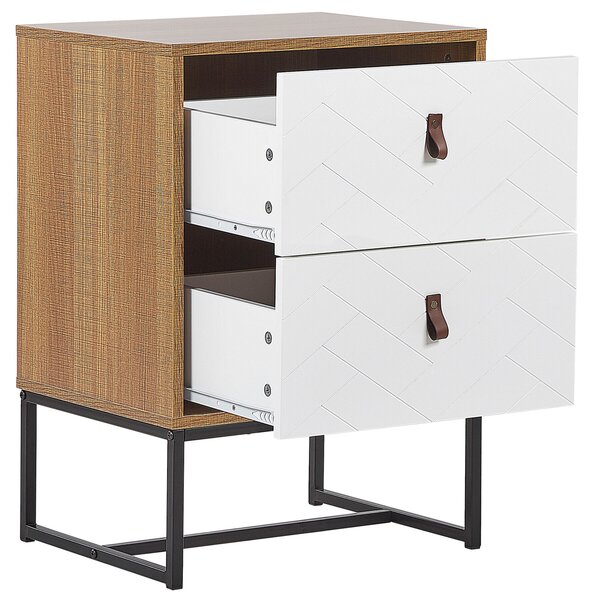 Nočný stolík svetlé drevo biela MDF kov 69 x 49 x 38 cm 2 zásuvky úložný priestor moderný štýl spálňa
