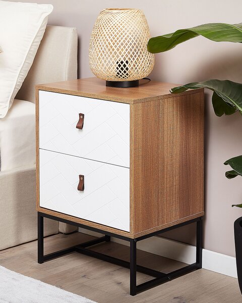 Nočný stolík svetlé drevo biela MDF kov 69 x 49 x 38 cm 2 zásuvky úložný priestor moderný štýl spálňa