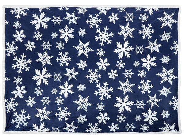 Deka modrá a biela mäkká polyester 150 x 200 cm dvojfarebná hrejivá prikrývka na posteľ so vzorom snehové vločky