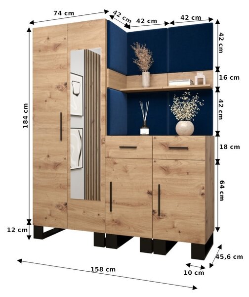 Predsieňová zostava RUMIE 15 - dub artisan, šedé panely