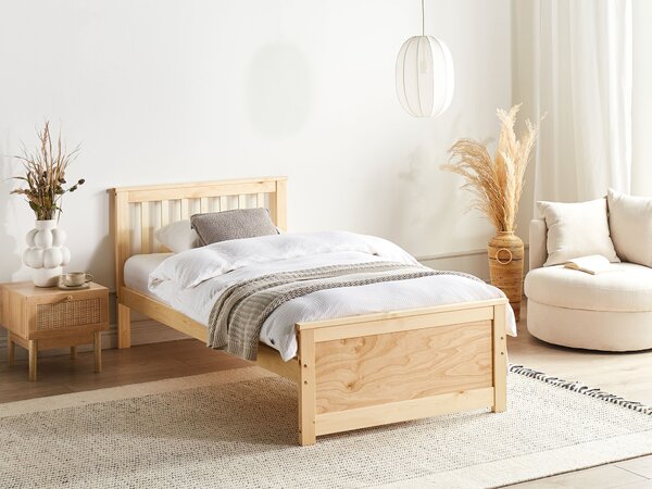 Posteľ svetlohnedá borovicové drevo MDF 90 x 200 cm s čelom minimalistický škandinávsky štýl spálňa detská izba