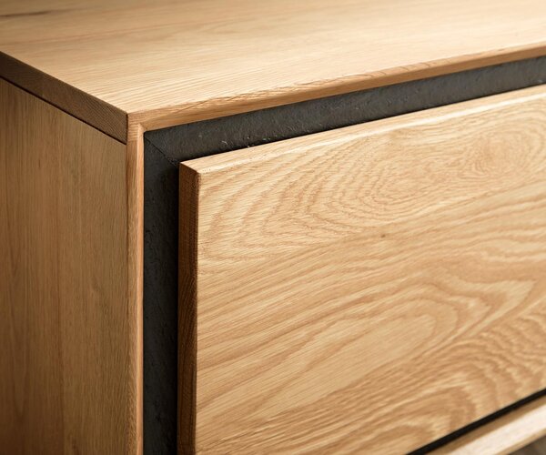 DELIFE TV stolík Stonegrace 200 cm dub prírodný 4 dvierka kamenná dyha podstava v tvare V nerezová oceľ