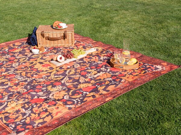 Pikniková deka červená polyester 200 x 200 cm ručná výroba so strapcami kvetovaný vzor moderný štýl záhrada exteriér