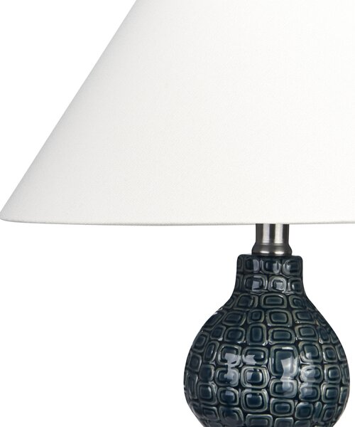 Stolná lampa tmavomodrý keramický podstavec biele látkové tienidlo nočná lampa obývačka spálňa