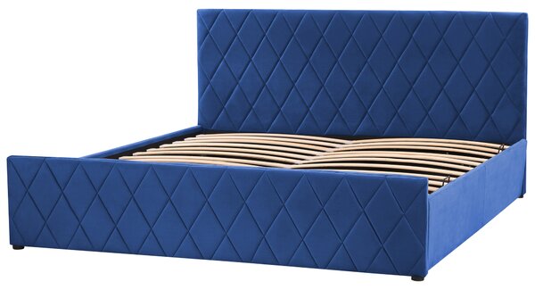 Posteľ s úložným priestorom modrá zamat 180 x 200 cm prešívané čalúnenie s čelom lamelový rošt moderný štýl spálňa