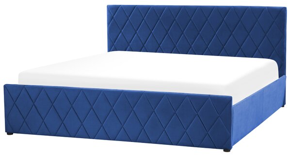Posteľ s úložným priestorom modrá zamat 180 x 200 cm prešívané čalúnenie s čelom lamelový rošt moderný štýl spálňa