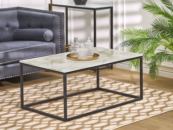 Konferenčný stolík béžový mramorový efekt čierne kovové nohy 100 x 60 cm obdĺžnikový industriálny glamour dizajn