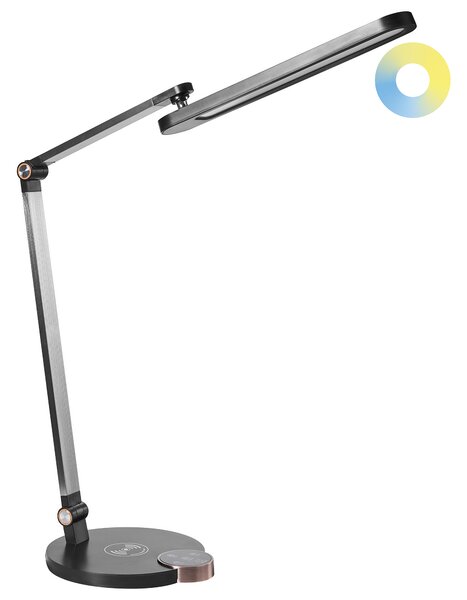Stolná lampa čierna syntetický materiál 3 režimy teploty svetla plynulý stmievač bezdrôtová nabíjačka nastaviteľné tienidlo kancelária