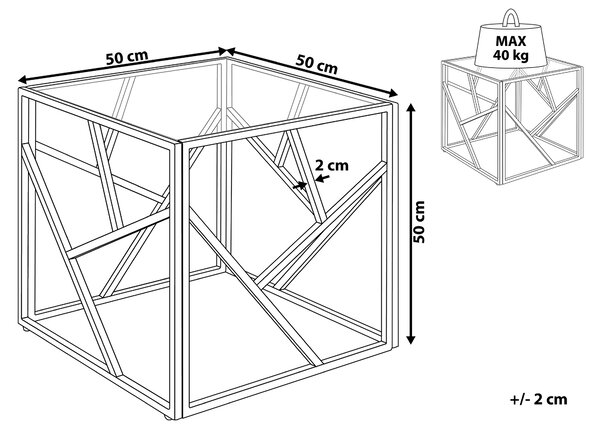 Odkladací stolík strieborný kovový rám sklenená vrchná doska 50 x 50 x 50 cm tvar kocky geometrický dizajn glamour štýl obývačka