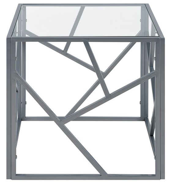 Odkladací stolík strieborný kovový rám sklenená vrchná doska 50 x 50 x 50 cm tvar kocky geometrický dizajn glamour štýl obývačka