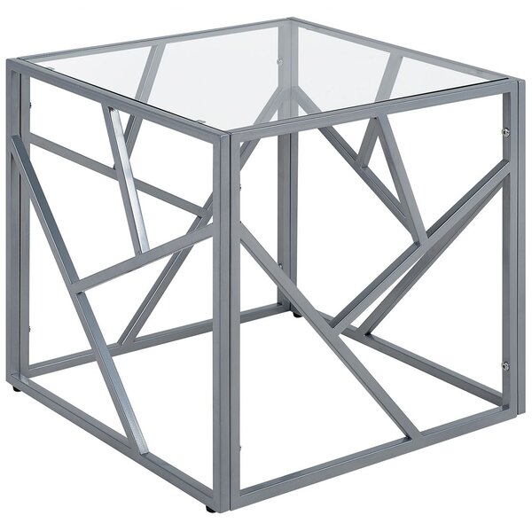 Odkladací stolík strieborný kovový rám sklenená vrchná doska 50 x 50 x 50 cm tvar kocky geometrický dizajn glamour štýl obývačka