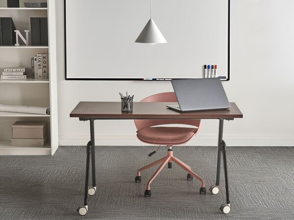 Skladací písací stôl tmavohnedá MFC stolová doska čierny kovový rám 120 x 60 cm prenosný stolík s kolieskami moderná kancelária