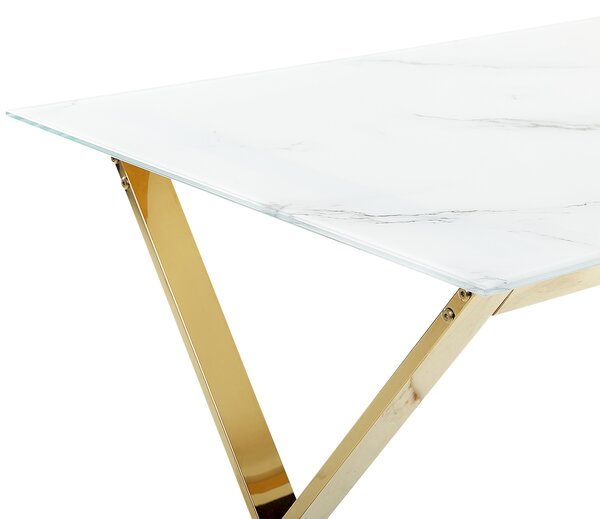 Jedálenský stôl biely mramorový efekt doska z tvrdeného skla 120 x 70 cm zlaté kovové nohy lesklý povrch obdĺžnikový glamour
