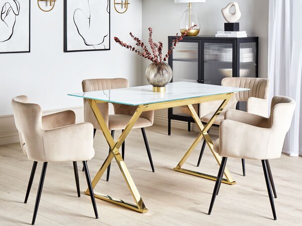 Jedálenský stôl biely mramorový efekt doska z tvrdeného skla 120 x 70 cm zlaté kovové nohy lesklý povrch obdĺžnikový glamour