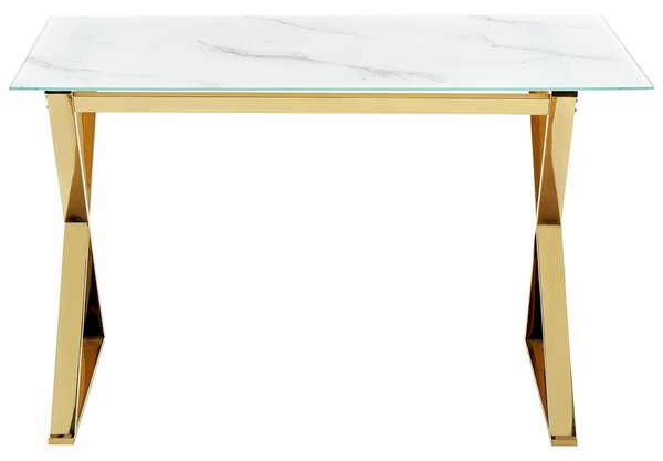 Jedálenský stôl biely mramorový efekt doska z tvrdeného skla 120 x 70 cm zlaté kovové nohy lesklý povrch obdĺžnikový glamour
