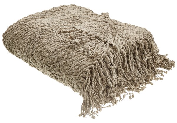 Deka sivobéžová z bavlny a akrylu 200 x 220 cm pletená prikrývka na posteľ so strapcami