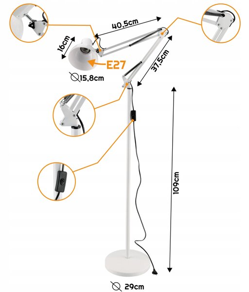 BERGE LED stojacia lampa 1xE27 185cm biela