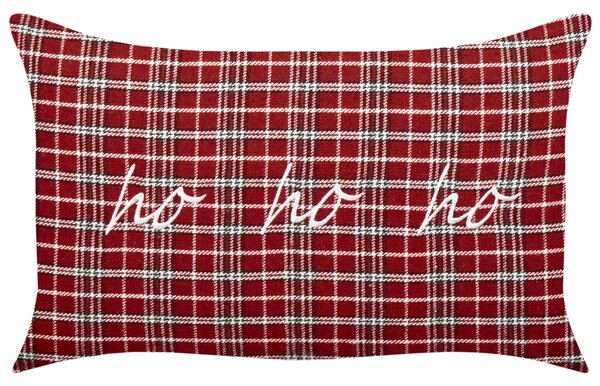 Sada 2 dekoratívnych vankúšov červená polyester tartanový kockovaný vzor vianočný nápis 30 x 50 cm obdĺžnikový tvar dekorácie doplnky