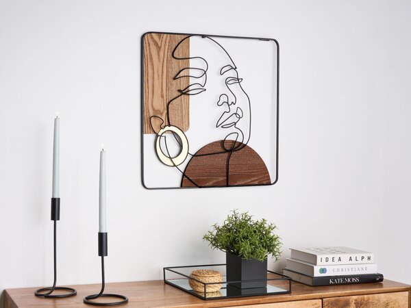 Nástenná dekorácia hnedá železo MDF 50 x 50 cm abstraktný motív ženská tvár ručná výroba moderný minimalistický štýl doplnky