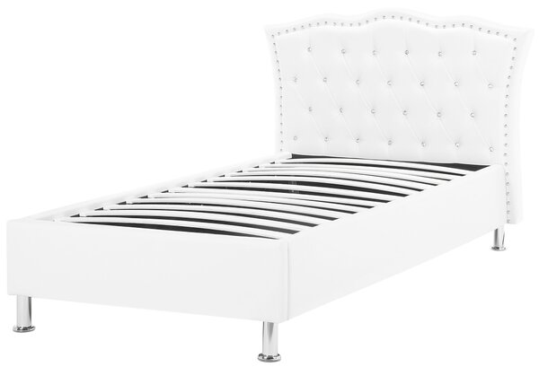 Posteľ biela umelá koža 90 x 200 cm s úložným priestorom prešívané čelo s gombíkmi moderný glamour štýl spálňa
