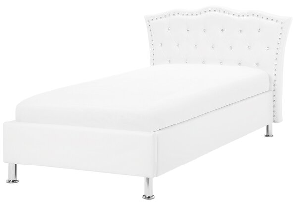 Posteľ biela umelá koža 90 x 200 cm s úložným priestorom prešívané čelo s gombíkmi moderný glamour štýl spálňa