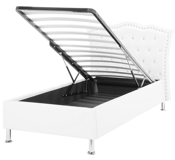 Posteľ biela umelá koža 90 x 200 cm s úložným priestorom prešívané čelo s gombíkmi moderný glamour štýl spálňa