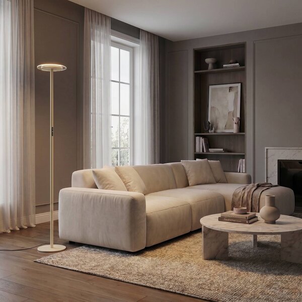 Arcchio LED stojacia lampa Frile, béžová, výška 190 cm, stmievateľné, Krémová / jantárovo žltá, Obývacia izba / jedáleň, Hliník, Moderný, Zemné bodové svetlo