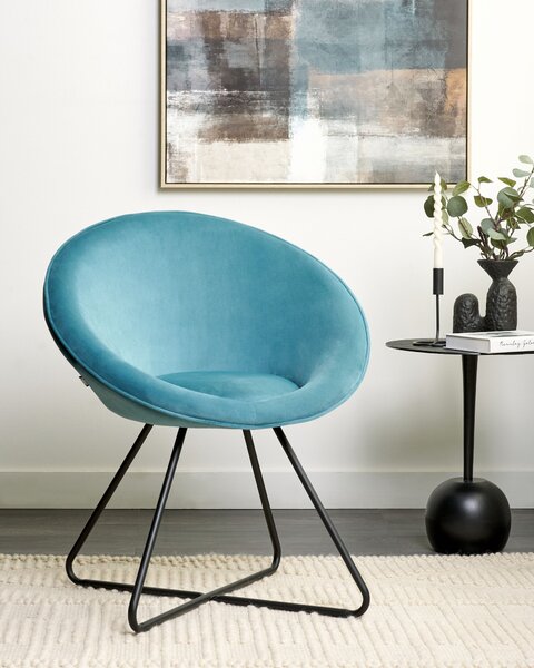 Dizajnové kreslo svetlomodré zamatové čalúnenie okrúhle sedadlo retro minimalistický dizajn