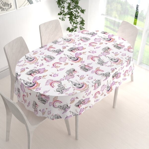 Biante Detský bavlnený oválny obrus Sandra SA-464 Slony s fialovou dúhou na bielom 50x100 cm