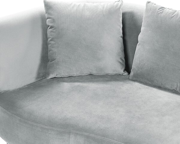Leňoška svetlosivá zamat polyester čalúnenie ľavostranná tmavé drevené nohy extra dekoratívne vankúše moderný dizajn obývacia izba