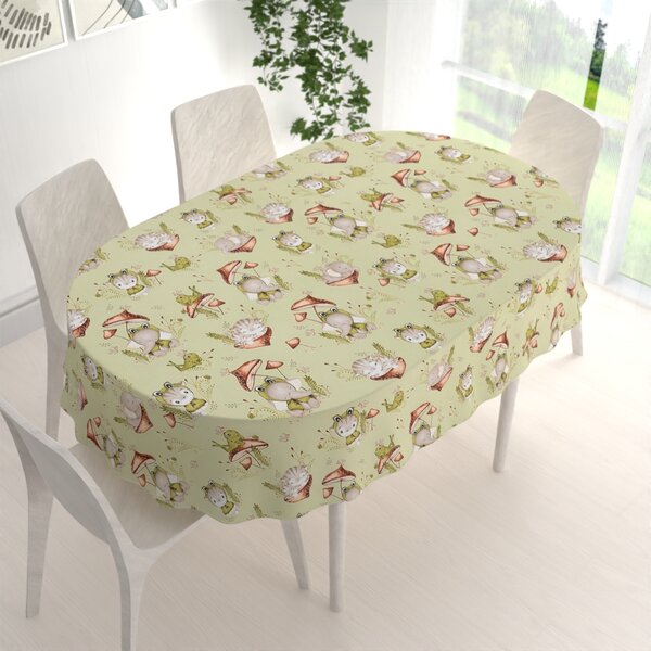Biante Detský bavlnený oválny obrus Sandra SA-474 Žabky a zvieratká medzi hubami na zelenom 50x100 cm
