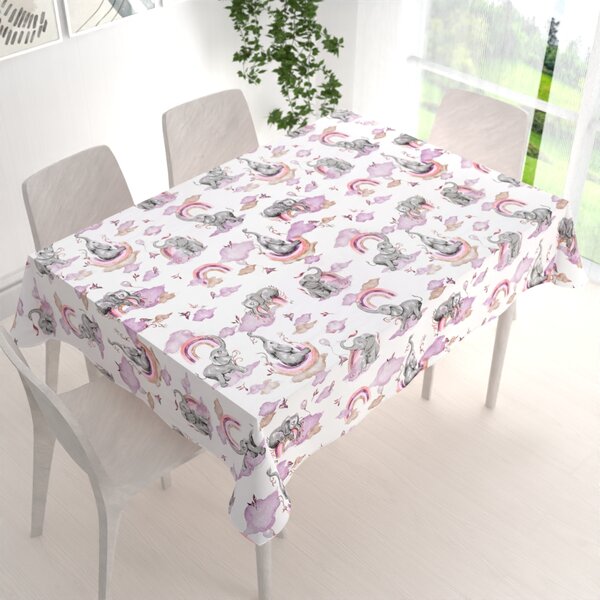 Biante Detský bavlnený obdĺžnikový obrus Sandra SA-464 Slony s fialovou dúhou na bielom 50x100 cm