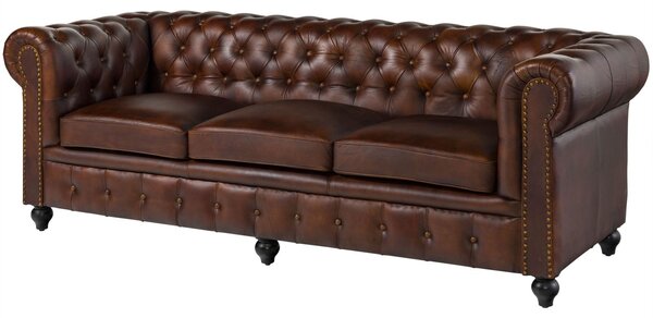 Pohovka 3-miestna pravá koža 216x82x75 hnedá CAMBRIDGE
