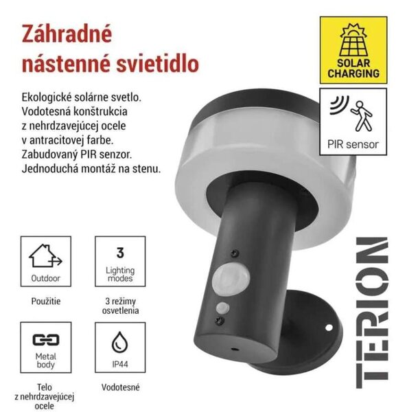 LED nástenné solárne svietidlo so senzorom pohybu TERION (ZGJ044S)