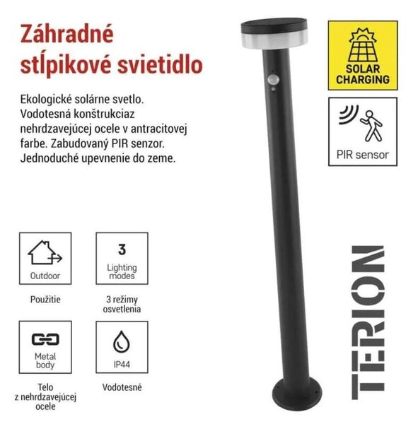 LED záhradné solárne stĺpikové svietidlo so senzorom pohybu TERION (ZGJ0F4S)
