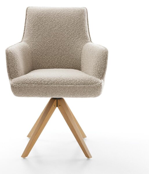 DELIFE Jedálenská stolička Heira-Flex s opierkami bouclé tmavobéžová drevená podstava hranatá prírodná 360° otočná vrecková pružina