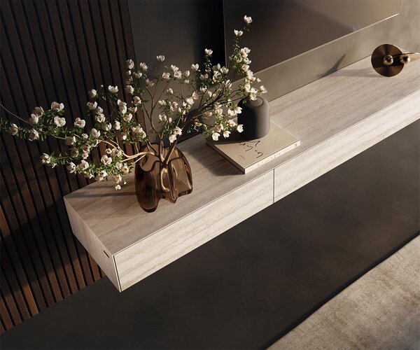 DELIFE TV stolík Cuor 200 cm keramika Laminam® Travertino Bianco krémovo biela 1 výklopné dvierka 1 zásuvka závesné