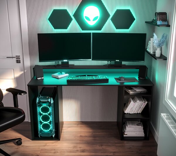 NovýNábytok.sk Herný PC stolík Garrick 1 (čierny) (s LED RGB osvetlením). Akcia -62%. Vlastná spoľahlivá doprava až k Vám domov. 1064134