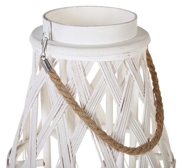Lampáš biely bambusové drevo 56 cm izbový vonkajší so skleneným držiakom na sviečku škandinávsky boho