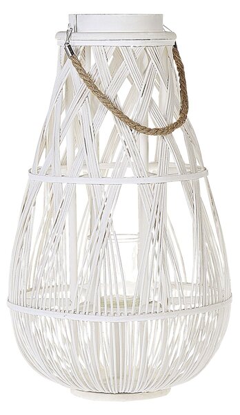 Lampáš biely bambusové drevo 56 cm izbový vonkajší so skleneným držiakom na sviečku škandinávsky boho