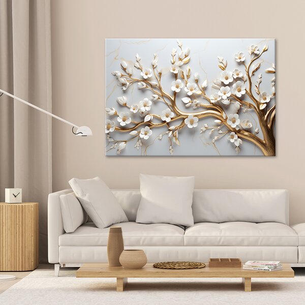 Obraz na plátne Zlatý konár s bielymi kvetmi magnólie Rozmery: 60 x 40 cm