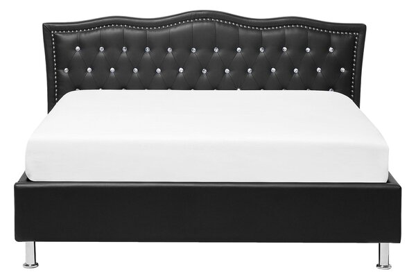 Posteľ čierna umelá koža 140 x 200 cm prešívané čelo s gombíkmi moderný glamour štýl spálňa
